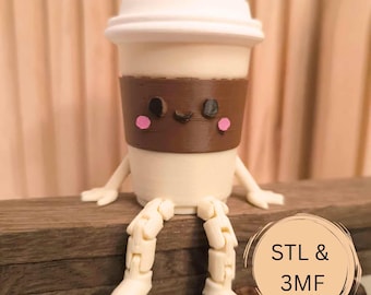 Tasse à café kawaii à emporter | Fichier STL pour impression 3D de figurine flexible | Décoration mignonne de tasse à café assise | Tasse articulée mignonne, licence commerciale incluse