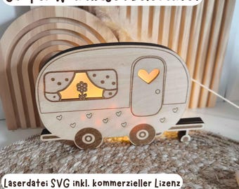 LASERBESTAND CAMPING Caravan met verlichting, laserbestand camper, camper, zomervakantie lichtslingers ballon licht commercieel kenteken lasersnijden