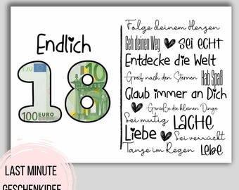 May include: A white card with the word "Endlich" and the number "18" in black. The number "18" is filled with a Euro bill design. Text on the right side includes phrases like "Follow your heart" and "Discover the world."