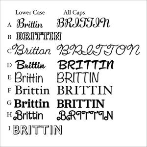 May include: A black and white typography chart displaying nine distinct font styles labeled A through I. Each row shows the name Brittin or Britton in both lower case and all caps formats, providing a visual reference for various lettering options.