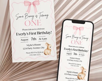 うさぎの誕生日招待状：編集可能なCanvaテンプレート（1～10歳向け）