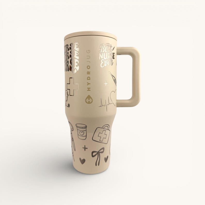 May include: A beige HydroJug water bottle with a handle, featuring the text "Best Nurse Ever" and other nurse-themed graphics. The bottle also has the text "HydroJug" printed vertically. The design includes hearts, crosses, and medical symbols.