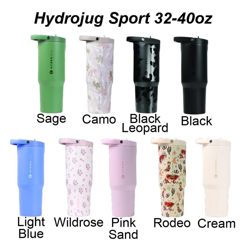 May include: Nine Hydrojug Sport 32-40oz tumblers in various colors and patterns including sage, camo, black leopard, black, light blue, wildrose, pink sand, rodeo, and cream. Each tumbler features a lid with a handle and a vertical logo.