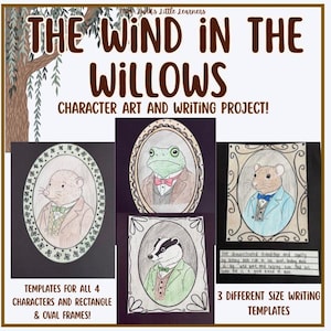 May include: A poster with the title "The Wind in the Willows" and illustrations of characters in oval frames. The poster includes templates for character art and writing projects. The characters include a mole, frog, mouse, and badger.