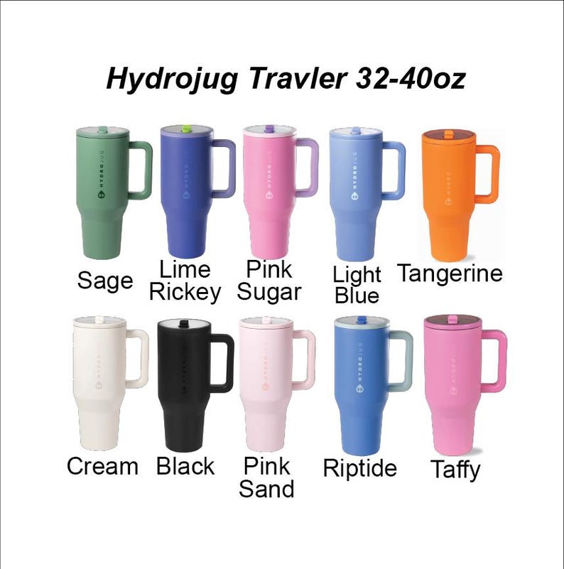 May include: Ten Hydrojug Travler 32-40oz tumblers with handles and lids, displayed in two rows. Colors include sage, lime rickey, pink sugar, light blue, tangerine, cream, black, pink sand, riptide, and taffy, each featuring the Hydrojug logo.