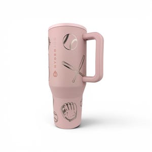 May include: A light pink insulated tumbler with a handle, featuring a repeating pattern of baseballs, bats, and gloves in a metallic finish. The word HYDROJUG is printed vertically on the side, accompanied by a small circular logo icon.