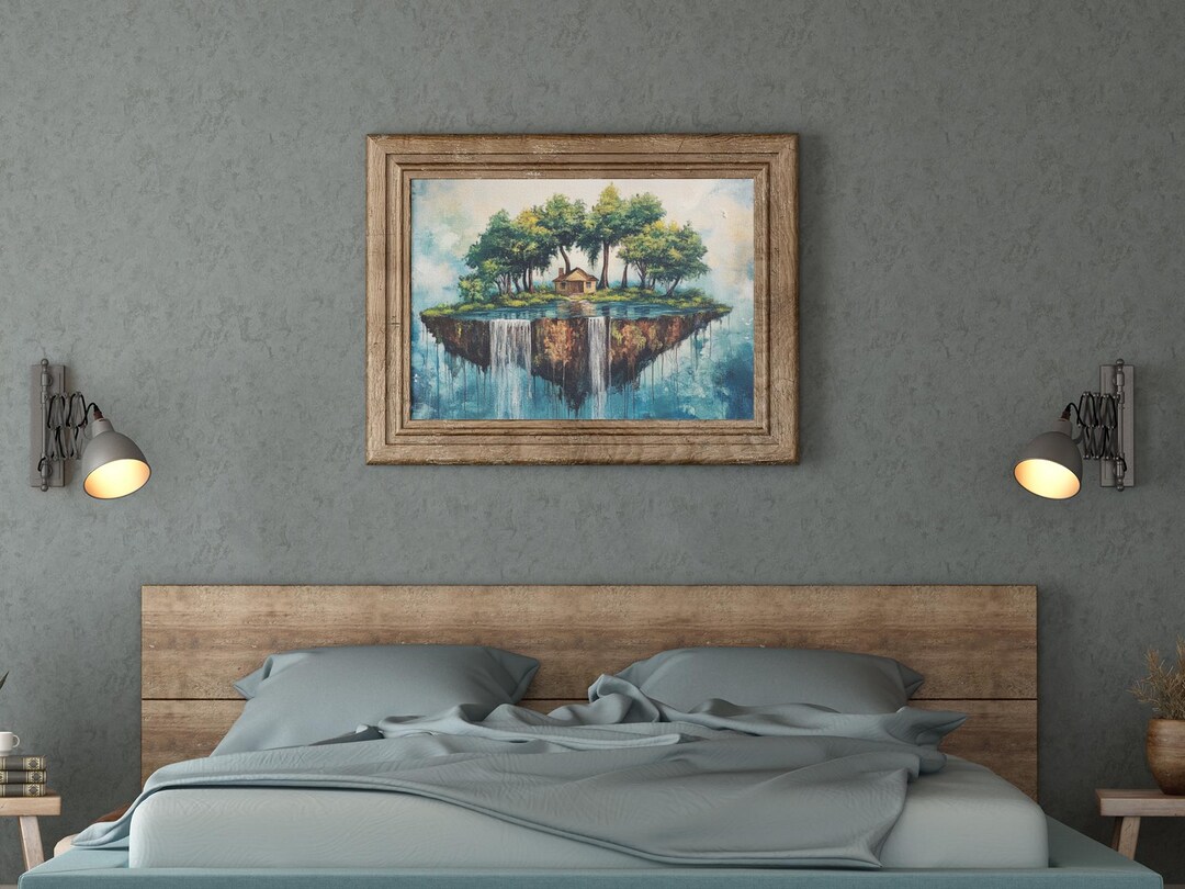 Floating Island Wall Art, Fantasy Landscape Print, Surreal Waterfall ...