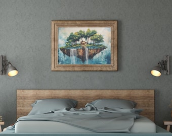 浮島の壁アート、ファンタジー風景プリント、シュールな滝のアートワーク、デジタルダウンロード、夢のような自然の装飾、自宅へのギフト