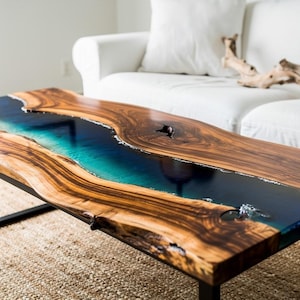 Live Edge Guanacaste Coffee Table, Parota Wood Epoxy River Table, Exotic Slab Furniture Handmade in Nicaragua, Custom Made to Order