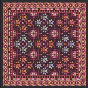 May include: A square, intricately patterned textile with a dark background. The design features repeating geometric shapes in shades of pink, orange, green, and purple, framed by a detailed border. The overall aesthetic is reminiscent of traditional cross-stitch or embroidery.