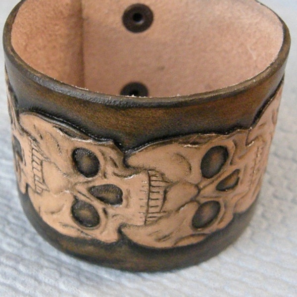 Leather  Carved Skull Bracelet