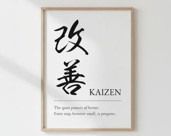 KAIZEN POSTER Kalligraphie Wandbild | Minimalistischer Zen-Philosophie-Druck für Mindful Living