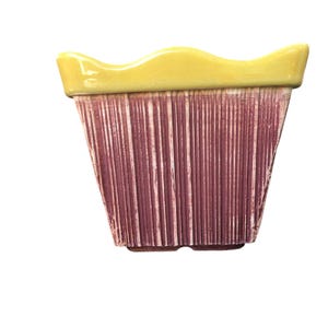 May include: A yellow and pink ceramic planter with a wavy rim. The planter has a textured, ribbed design.