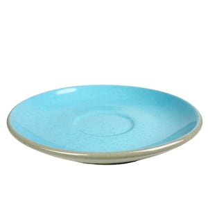 May include: A light blue saucer with a speckled finish and a gray rim.