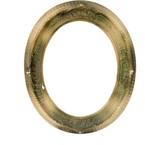 May include: An oval picture frame featuring a distressed gold and green finish. The frame has an ornate, raised relief pattern along its border, including scrollwork and floral motifs. The surface shows signs of wear with visible texture.