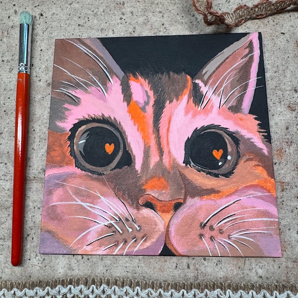 Cuadro de gato rosa, arte acrílico original sobre lienzo, decoración infantil (15x15 cm)