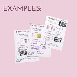 May include: Three book review sheets with handwritten notes and ratings, featuring titles like "Yellowface" and "Fourth Wing." Each sheet includes a "Spoiler Alert" stamp and recommendations. The background is a soft pink.