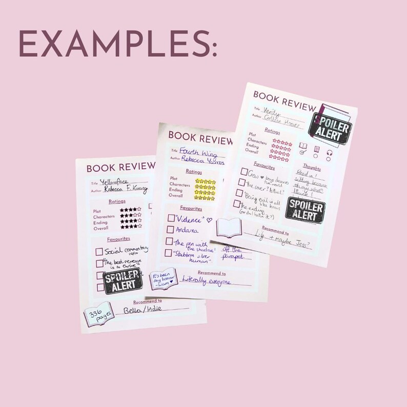May include: Three book review sheets with handwritten notes and ratings, featuring titles like "Yellowface" and "Fourth Wing." Each sheet includes a "Spoiler Alert" stamp and recommendations. The background is a soft pink.