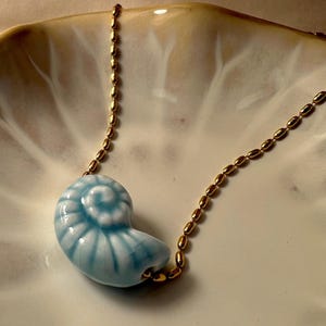 Gold Plated Stainless Steel Necklace with Blue Ceramic Seashell Charm Necklace - The Blue Seashell Necklace