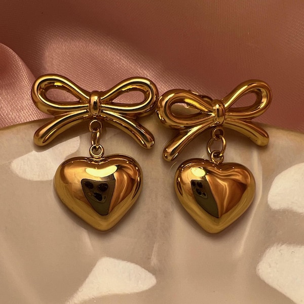 Gold Bow Heart Earrings - Stainless Steel, Romantic Jewelry