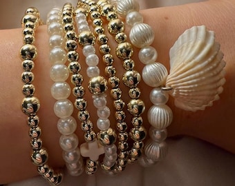 Beaded Bracelet Stack – Boho Set with Shell Accent, Gold Tones