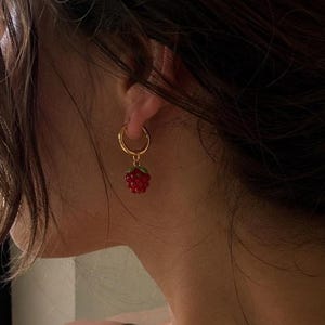 Red Pink Raspberry Berry Gold Hoop Earrings