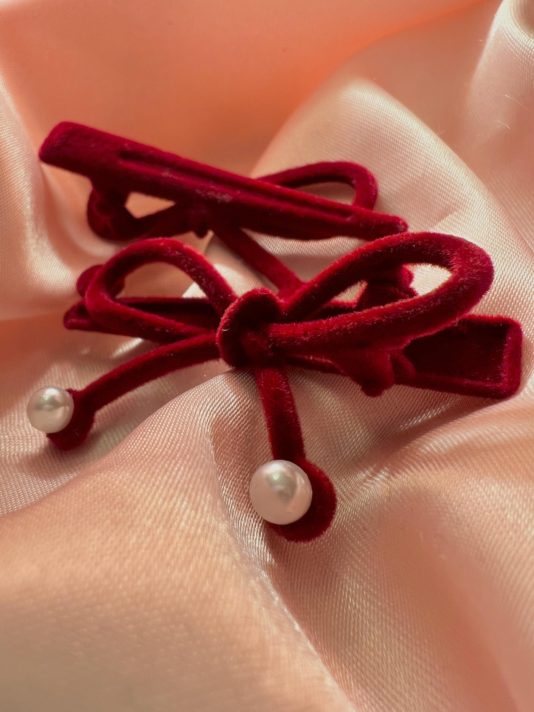 Velvet Burgundy Red Bow Hair Clip With Pearls, Set of 2  display picture 1