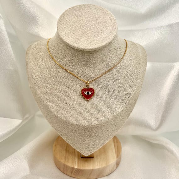 Red Evil Eye Heart Necklace – Gold Plated Stainless Steel Snake Chain with Heart-Shaped Pendant