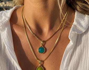 Olive Green and Ocean Blue Charm Necklace Gold Oval Pendant
