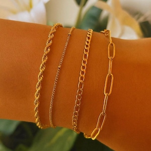 May include: Four gold bracelets of varying designs. The first is a rope chain, the second is a delicate beaded chain, the third is a curb chain, and the fourth is a paperclip chain. The bracelets are displayed on a warm skin tone.