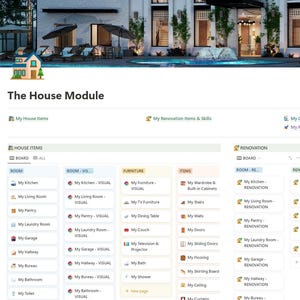 May include: A screenshot of a website with a light green background and a white navigation bar. The website is divided into three sections: House Items, Renovation Items & Skills, and Renovation. Each section has a list of items, such as "My Kitchen", "My Living Room", "My Furniture", "My Wardrobe & Built-in Cabinets", and "My Renovation".