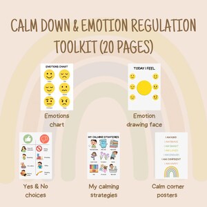 Op de afbeelding: Een toolkit van 20 pagina's voor kalmering en emotieregulatie. Bevat emotiegrafieken, emotietekengezichten, ja/nee-keuzes, kalmeringsstrategieën en rusthoekposters. De posters bevatten affirmaties zoals "Ik ben aardig" en "Ik ben gelukkig".