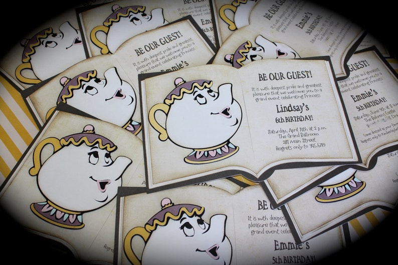 May include: A stack of invitations with a cartoon teapot illustration. The invitations are for a birthday party and say "Be Our Guest!" with the child's name and age. The invitations are decorated with a yellow and brown striped pattern.