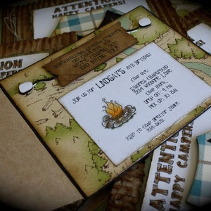 May include: A rustic brown invitation card with a map design and the text "Join us for Lindsay's 8th Birthday". The invitation details a camping trip to Shores Campground, 1239 Woodmere Lane, with drop off at 9 pm and pick up at 10 am.