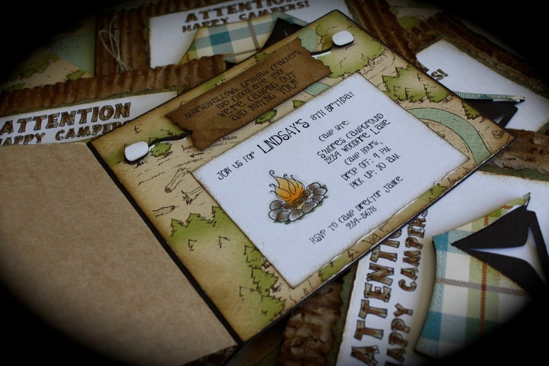 May include: A rustic brown invitation card with a map design and the text "Join us for Lindsay's 8th Birthday". The invitation details a camping trip to Shores Campground, 1239 Woodmere Lane, with drop off at 9 pm and pick up at 10 am.
