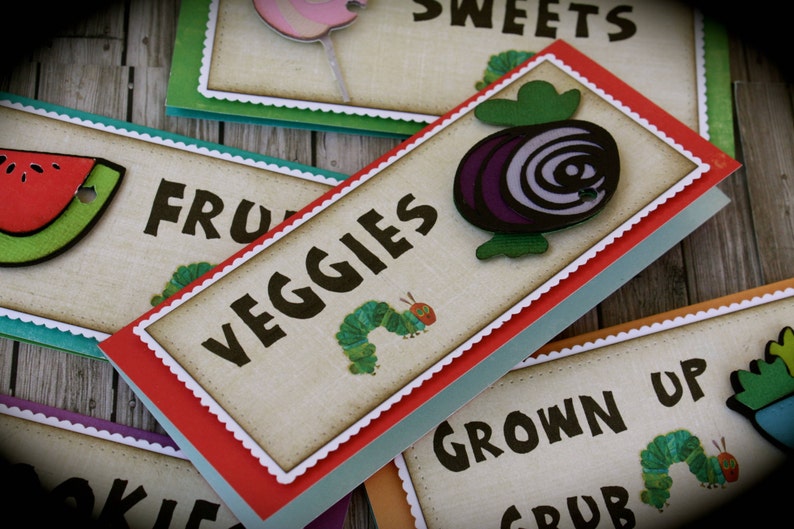 The HUNGRY CATERPILLAR themed Food Tents...Menu Cards....Place Cards...Food Signs set of 4 image 2