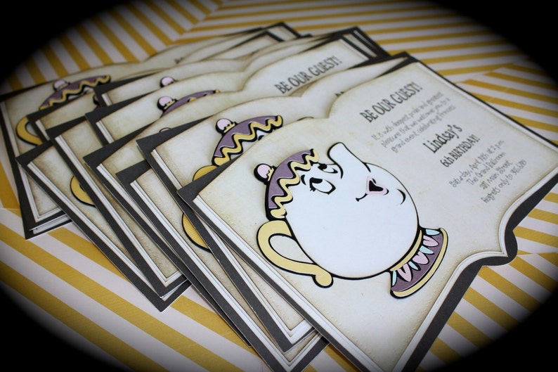 May include: A stack of invitations with a black border and a vintage-style background. The invitations feature a cartoon image of Mrs. Potts, the teapot from Disney's Beauty and the Beast, and the text "Be Our Guest!" and "Lindsey's 6th Birthday".