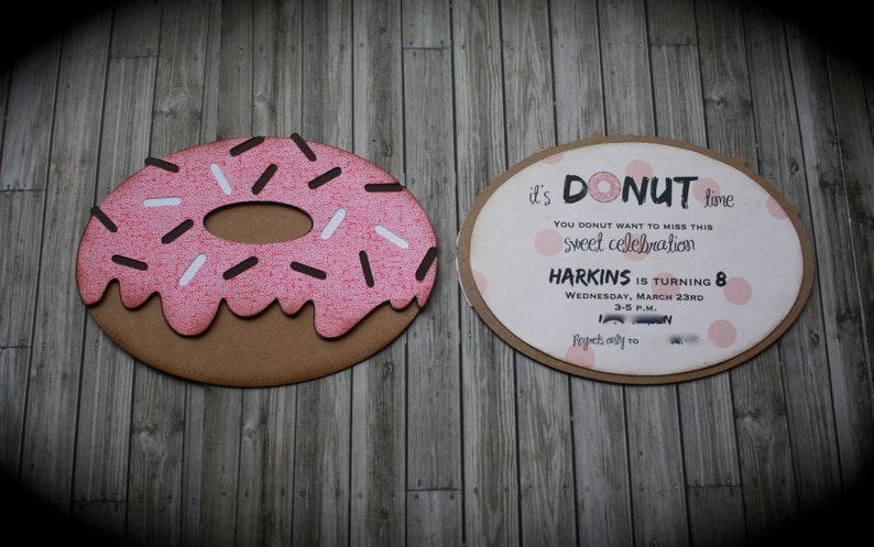 May include: A pink and brown donut-shaped invitation with white sprinkles and the text "it's DONUT time" and "YOU DONUT WANT TO MISS THIS sweet celebration".