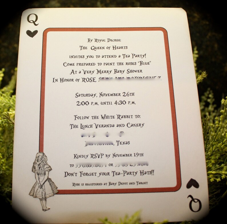 Alice in Wonderland QUEEN of HEARTS Playing Card invite for any occasion... image 3