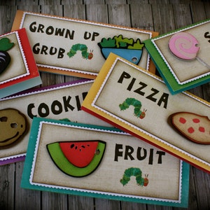 The HUNGRY CATERPILLAR themed Food Tents...Menu Cards....Place Cards...Food Signs set of 4 image 1