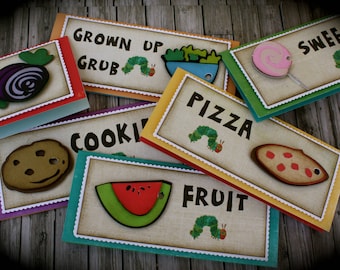 The HUNGRY CATERPILLAR themed Food Tents...Menu Cards....Place Cards...Food Signs - set of 4