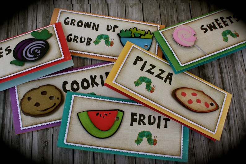 The HUNGRY CATERPILLAR themed Food Tents...Menu Cards....Place Cards...Food Signs set of 4 image 1