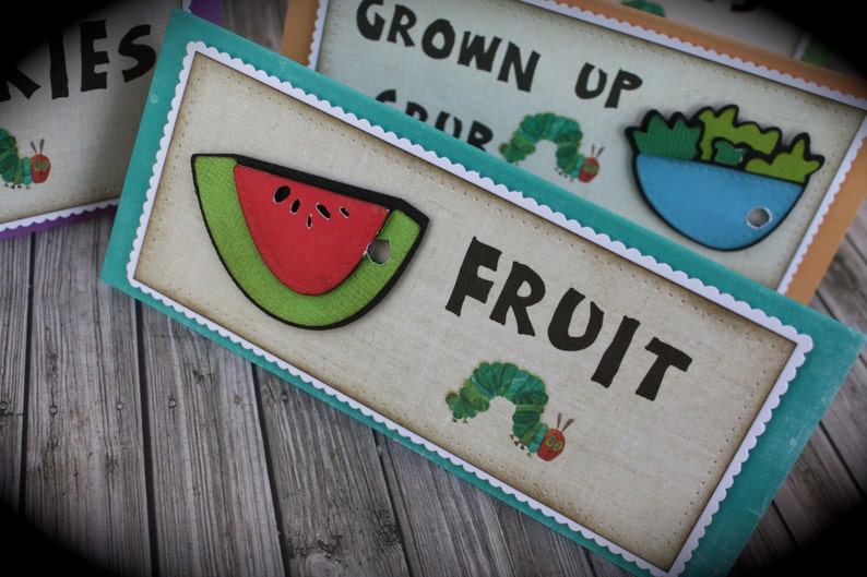 The HUNGRY CATERPILLAR themed Food Tents...Menu Cards....Place Cards...Food Signs set of 4 image 4