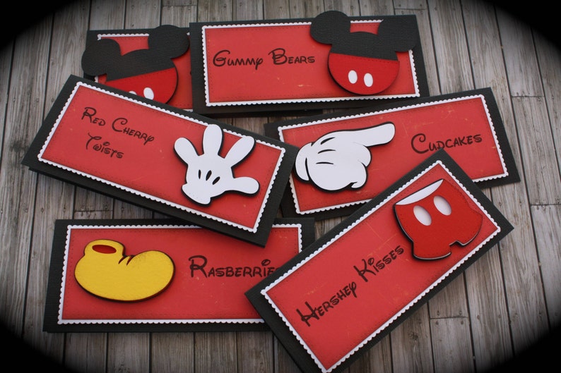 MINNIE/MICKEY Mouse themed Food Tents...Menu Cards....Place Cards...Food Signs set of 6 image 1