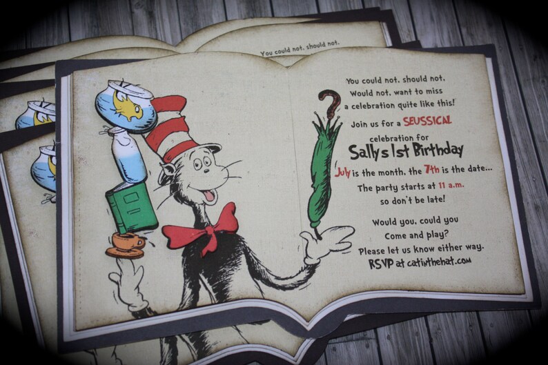 May include: A book-shaped invitation featuring a cartoon cat wearing a red bow tie and a hat. The invitation is for Sally's 1st birthday and includes the text "Join us for a Seussical celebration for Sally's 1st Birthday" and "July is the month, the 7th is the date... The party starts at 11 a.m. so don't be late! Would you, could you Come and play? Please let us know either way. RSVP at catinthehat.com"