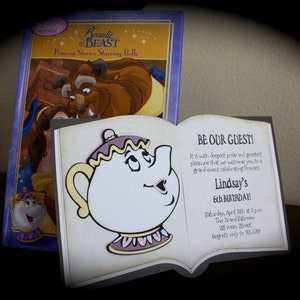 May include: A Beauty and the Beast themed birthday invitation with a teapot character from the movie. The invitation reads "Be Our Guest!" and includes details for Lindsay's 6th birthday party.