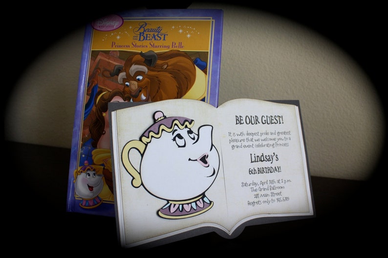 May include: A Beauty and the Beast themed birthday invitation with a teapot character from the movie. The invitation reads "Be Our Guest!" and includes details for Lindsay's 6th birthday party.