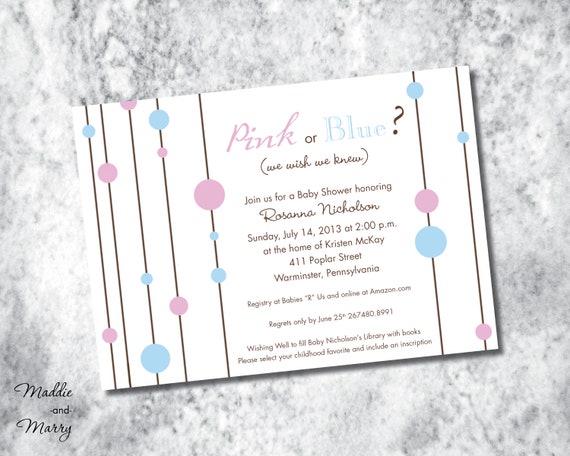 Gender Reveal Baby Shower Invitation W Polka Dots Lines Pink Etsy