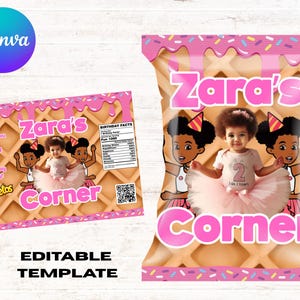 Op de afbeelding: Een gepersonaliseerd snackzakje-sjabloon met een wafelpatroon achtergrond, roze glazuur en hagelslag. Het ontwerp bevat de tekst Zara's Corner, een foto van een kind in een tutu, cartoonillustraties, een voedingswaardelabel en een QR-code.