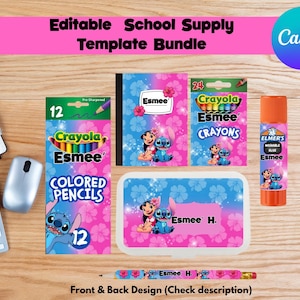 May include: An editable school supply template bundle featuring Lilo and Stitch graphics on a pink and blue hibiscus background. Includes labels for colored pencils, a notebook, crayons, a glue stick, a pencil case, and a pencil with the name Esmee.
